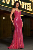 Glitter Fuchsia Sequins Mermaid Spaghetti Straps Long Corset Prom Dress