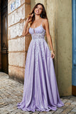 Glitter Lilac A Line Spaghetti Straps Long Prom Dress With Beading