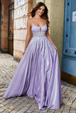 Glitter Lilac A Line Spaghetti Straps Long Prom Dress With Beading