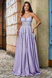 Glitter Lilac A Line Spaghetti Straps Long Prom Dress With Beading