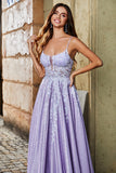 Glitter Lilac A Line Spaghetti Straps Long Prom Dress With Beading