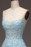 A Line Light Blue Sequin Spaghetti Straps Prom Dress With Appliques