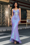 Purple Sequins Mermaid Spaghetti Straps Long Corset Prom Dress