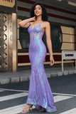 Purple Sequins Mermaid Spaghetti Straps Long Corset Prom Dress