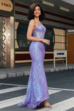 Purple Sequins Mermaid Spaghetti Straps Long Corset Prom Dress