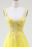 Tulle Beaded Yellow Corset Prom Dress with Slit