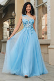 Light Blue A Line One Shoulder Long Corset Prom Dress With Appliques