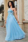 Light Blue A Line One Shoulder Long Corset Prom Dress With Appliques