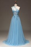 Light Blue A-Line One Shoulder Sequin Prom Dress with Appliques