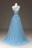 Light Blue A-Line One Shoulder Sequin Prom Dress with Appliques