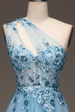 Light Blue A-Line One Shoulder Sequin Prom Dress with Appliques