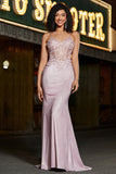 Blush Mermaid Spaghetti Straps Long Corset Prom Dress with Beading