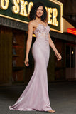 Blush Mermaid Spaghetti Straps Long Corset Prom Dress with Beading