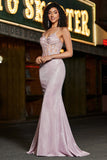 Blush Mermaid Spaghetti Straps Long Corset Prom Dress with Beading