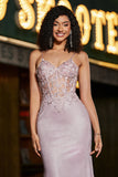 Blush Mermaid Spaghetti Straps Long Corset Prom Dress with Beading