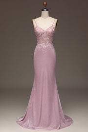 Glitter Blush Mermaid Spaghetti Straps Long Prom Dress with Beading