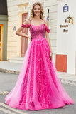 A-Line Cold Shoudler Sparkly Hot Pink Corset Prom Dress with Beading