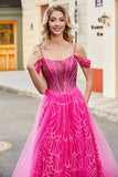 A-Line Cold Shoudler Sparkly Hot Pink Corset Prom Dress with Beading