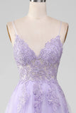 Sparkly Light Purple A-Line Spaghetti Straps Long Prom Dress With Beading