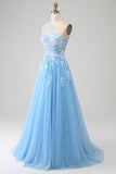 Stunning A Line One Shoulder Light Blue Long Tulle Prom Dress with Appliques