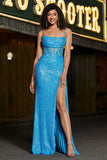 Glitter Blue Mermaid Spaghetti Straps Long Corset Prom Dress With Slit