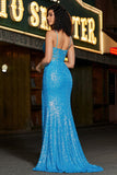 Glitter Blue Mermaid Spaghetti Straps Long Corset Prom Dress With Slit