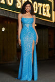 Glitter Blue Mermaid Spaghetti Straps Long Corset Prom Dress With Slit