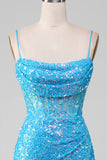 Spaghetti Straps Blue Sparkly Corset Prom Dress with Slit