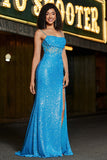 Glitter Blue Mermaid Spaghetti Straps Long Corset Prom Dress With Slit