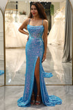 Spaghetti Straps Blue Sparkly Corset Prom Dress with Slit