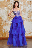 Gorgeous A Line Spaghetti Straps Royal Blue Long Prom Dress with Ruffles Appliques