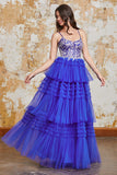 Gorgeous A Line Spaghetti Straps Royal Blue Long Prom Dress with Ruffles Appliques