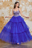 Gorgeous A Line Spaghetti Straps Royal Blue Long Prom Dress with Ruffles Appliques