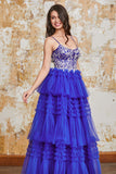 Gorgeous A Line Spaghetti Straps Royal Blue Long Prom Dress with Ruffles Appliques