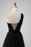 A-Line Black One Shoulder Sequins Prom Dress