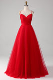 Spaghetti Straps A-Line Red Long Prom Dress wth Cross Criss Back