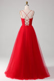 Spaghetti Straps A-Line Red Long Prom Dress wth Cross Criss Back