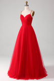 Spaghetti Straps A-Line Red Long Prom Dress wth Cross Criss Back