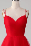 Spaghetti Straps A-Line Red Long Prom Dress wth Cross Criss Back