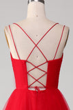 Spaghetti Straps A-Line Red Long Prom Dress wth Cross Criss Back