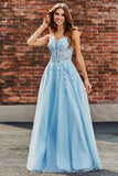 Light Blue A Line Spaghetti Straps Long Corset Prom Dress With Appliques