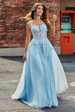 Light Blue A Line Spaghetti Straps Long Corset Prom Dress With Appliques