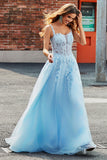 Light Blue A Line Spaghetti Straps Long Corset Prom Dress With Appliques