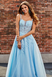 Light Blue A Line Spaghetti Straps Long Corset Prom Dress With Appliques