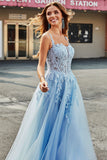 Light Blue A Line Spaghetti Straps Long Corset Prom Dress With Appliques