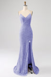 Sparkly Royal Blue Mermaid Spaghetti Straps Sequin Long Prom Dress With Split