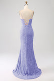 Sparkly Royal Blue Mermaid Spaghetti Straps Sequin Long Prom Dress With Split