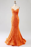 Orange Mermaid Sweetheart Sweep Train Prom Dress With Sequins