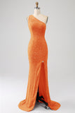 Sparkly Orange Mermaid One Shoulder Sequins Prom Dress with Slit