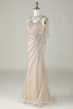 Sparkly Champagne Beaded Mermaid Long Prom Dress with Wrap